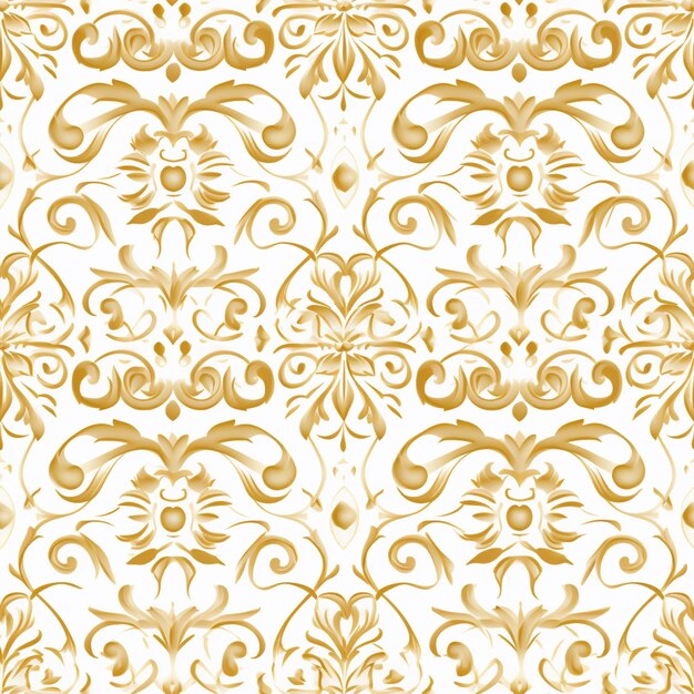 um close-up de um papel de parede dourado e branco com desenhos giratórios