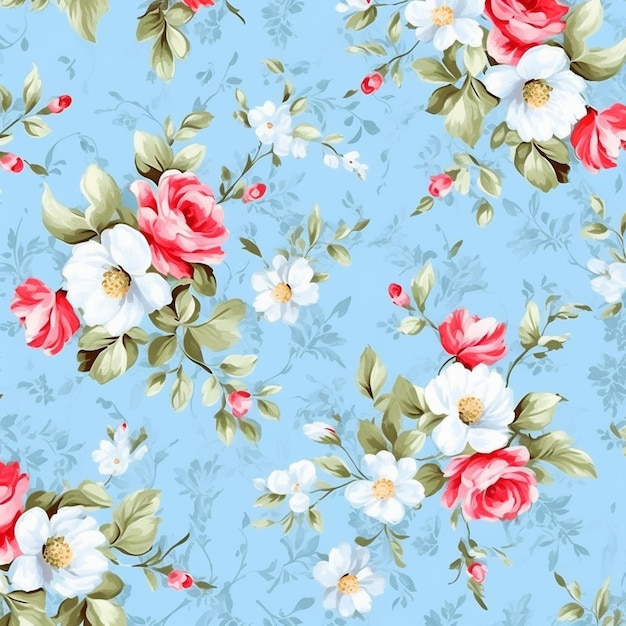 Um close-up de um papel de parede floral azul com flores brancas e vermelhas generativas ai