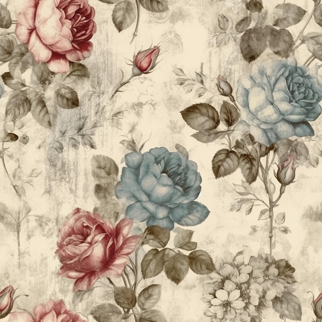 Foto um close-up de um papel de parede floral com rosas e folhas generativo ai