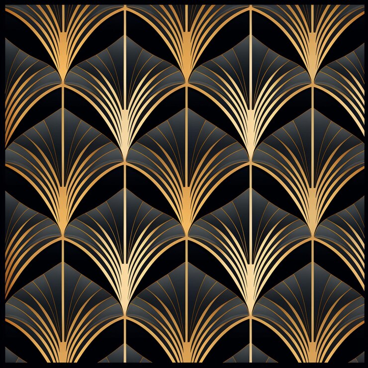Foto um close-up de um papel de parede preto e dourado com um padrão de ventilador generativo ai