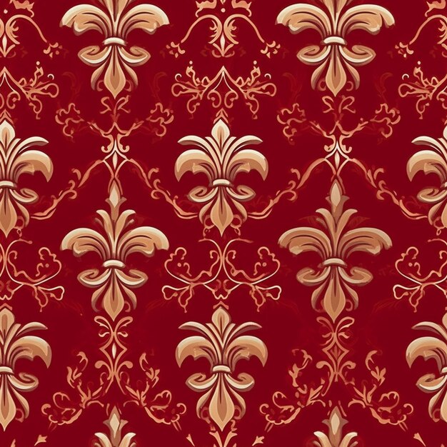 Foto um close-up de um papel de parede vermelho e dourado com um padrão de fleurons generativo ai