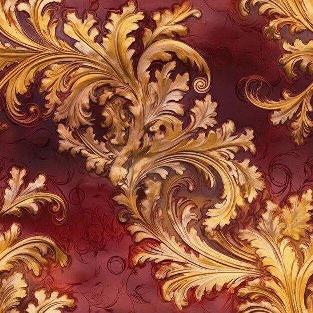 Um close-up de um papel de parede vermelho e dourado com um padrão de folhas douradas