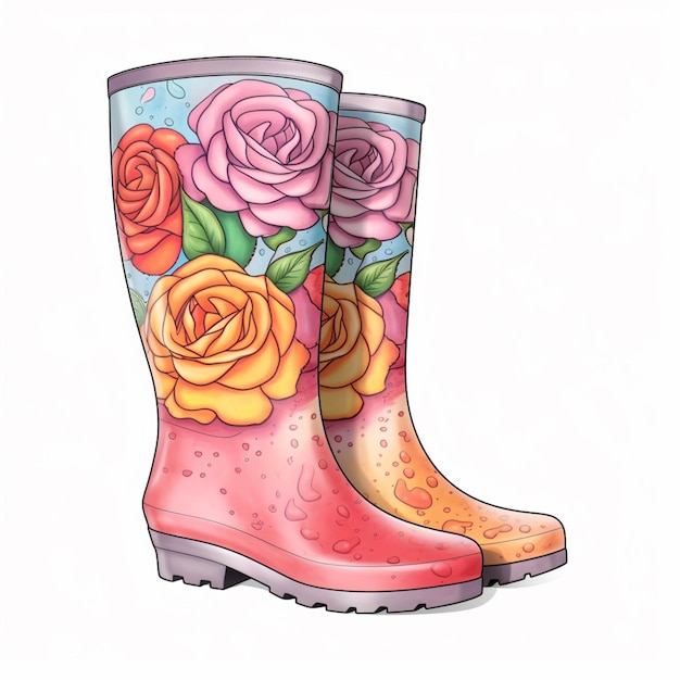 Um close-up de um par de botas de chuva rosa e amarelas generativas ai