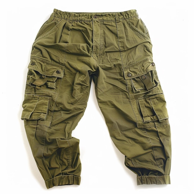 um close-up de um par de calças verdes do exército em uma superfície branca generativa ai