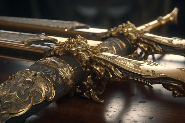 Um close-up de um par de espadas de ouro