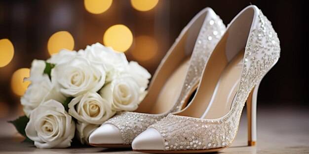 Um close-up de um par de sapatos e um buquê de flores generativo ai
