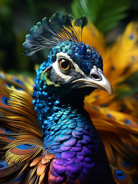 Um close-up de um pavão real olhos vibrantes em um jardim exuberante ilustração hiper-realista arte fotográfica