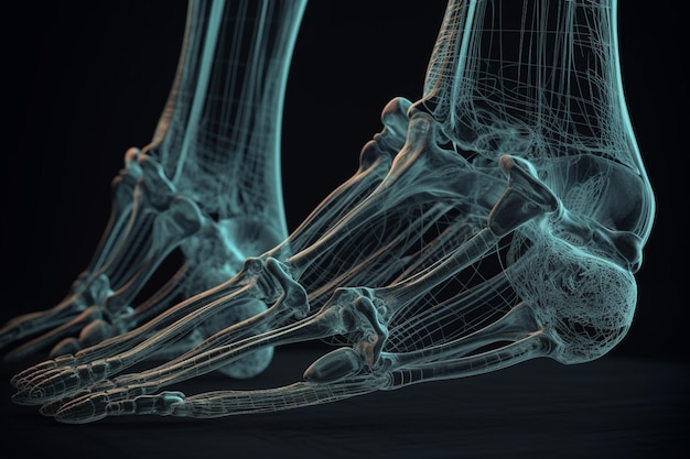 Um close-up de um pé humano com ossos rotulados como "x".