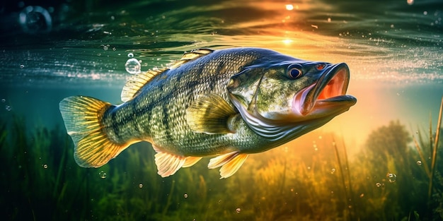 Um close-up de um peixe com uma boca grande na água generativa ai