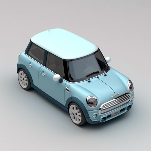 Um close-up de um pequeno carro azul em uma superfície cinza generativa ai
