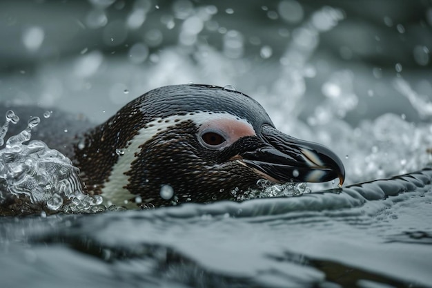 um close-up de um pinguim nadando na água