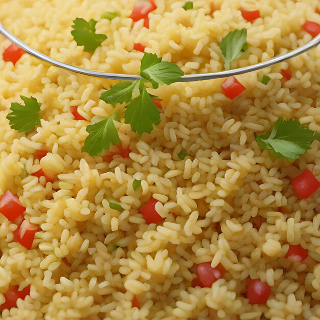 Foto um close-up de um prato de arroz com uma corda ligada a ele