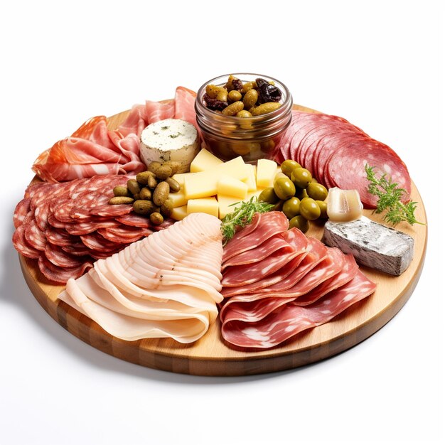 Foto um close-up de um prato de carnes e queijos com azeitonas generativa ai