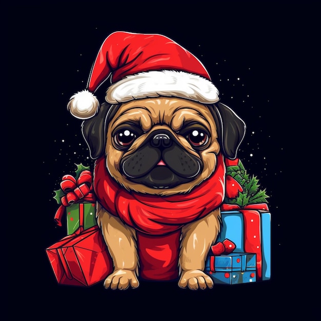 Foto um close-up de um pug vestindo um chapéu de papai noel e um lenço generativo ai