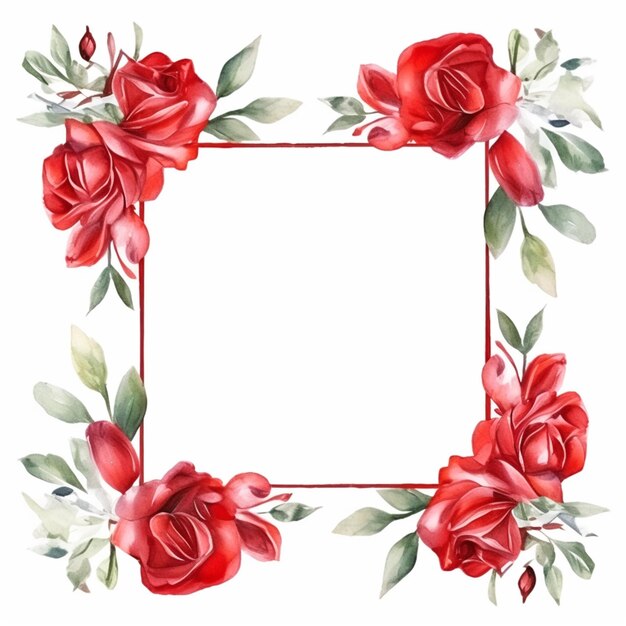 Foto um close-up de um quadro de rosa vermelha com folhas e flores generativas ai