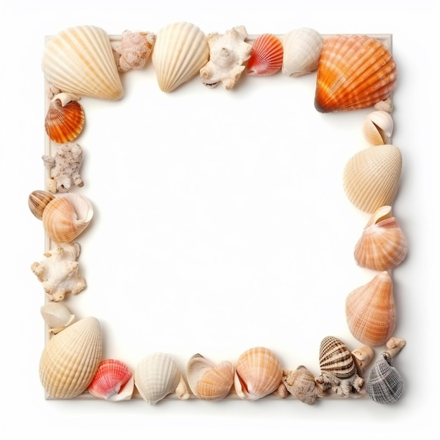 um close-up de um quadro quadrado feito de conchas em um fundo branco generativo ai