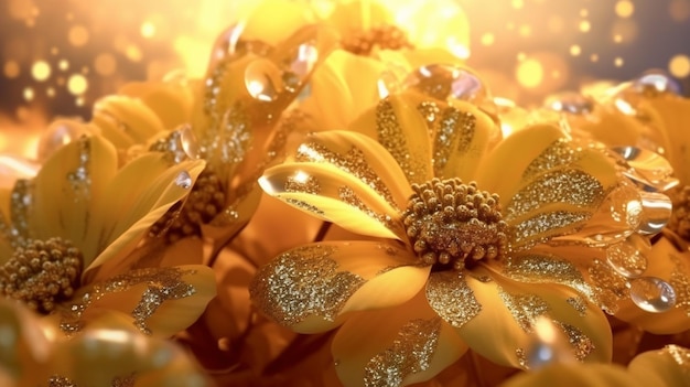 Um close-up de um ramo de flores com glitter dourado sobre eles