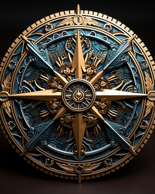 um close-up de um relógio com um design generativo ai dourado e azul