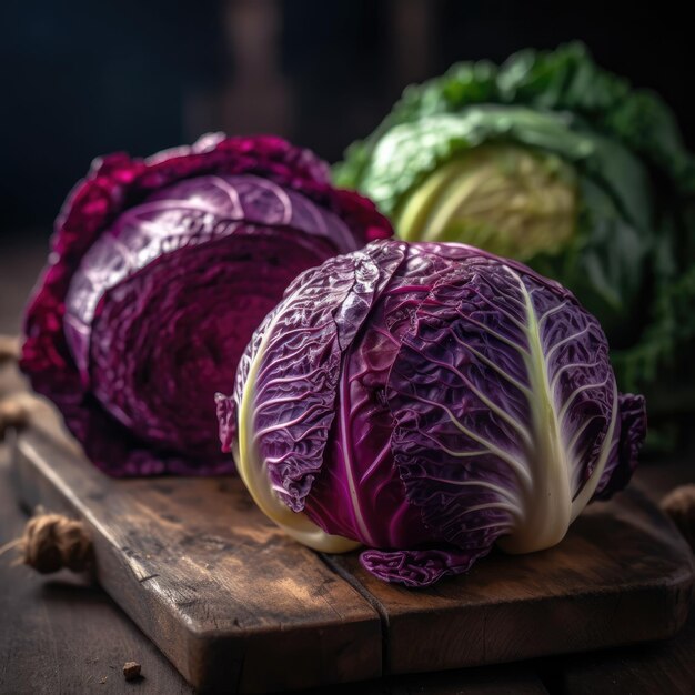 Um close-up de um repolho verde e roxo em uma mesa generativa ai