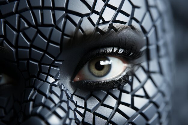 Foto um close-up de um rosto de mulher coberto com um padrão de mosaico