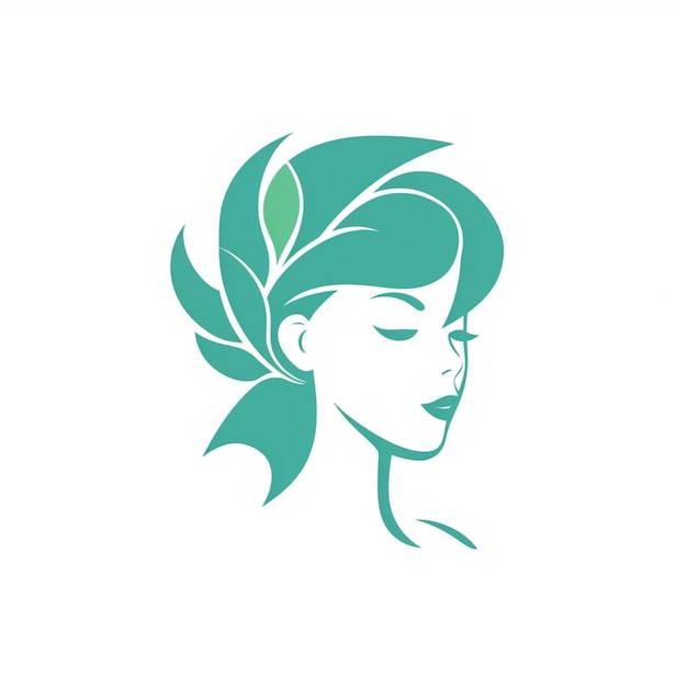 Foto um close-up de um rosto de mulher com uma folha verde em seu cabelo generativo ai