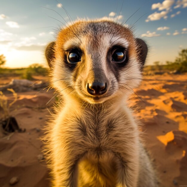 Foto um close-up de um rosto de suricata com os olhos abertos