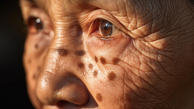 Foto um close-up de um rosto de uma mulher mais velha com manchas nele