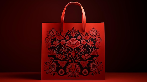 um close-up de um saco vermelho com um desenho floral sobre ele
