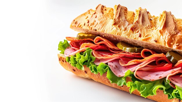 Um close-up de um sanduíche deli sub com várias carnes e coberturas