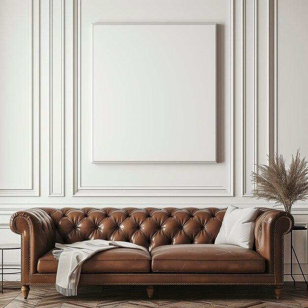 Um close-up de um sofá em uma sala com uma moldura de tela mockup na parede
