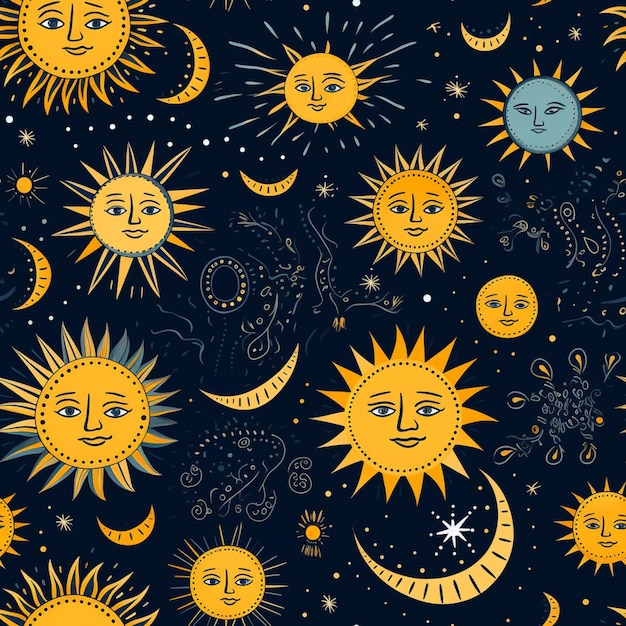 um close-up de um sol e lua com rostos em um fundo escuro generativo ai
