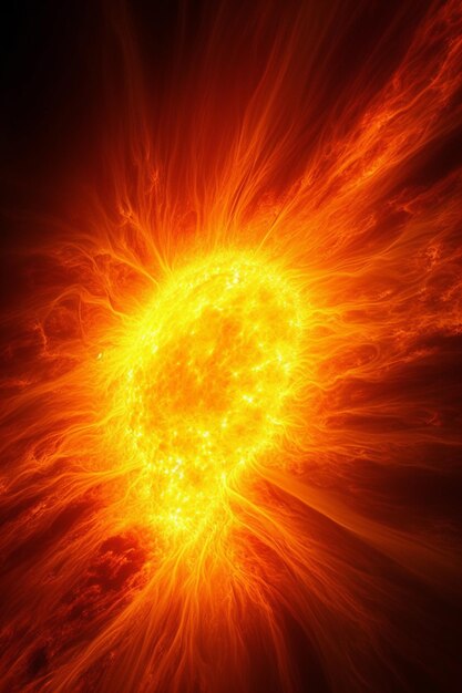 Foto um close-up de um sol laranja brilhante com um fundo preto generativo ai