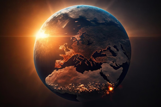 Um close-up de um sol nascente sobre um globo com raios de luz iluminando os continentes