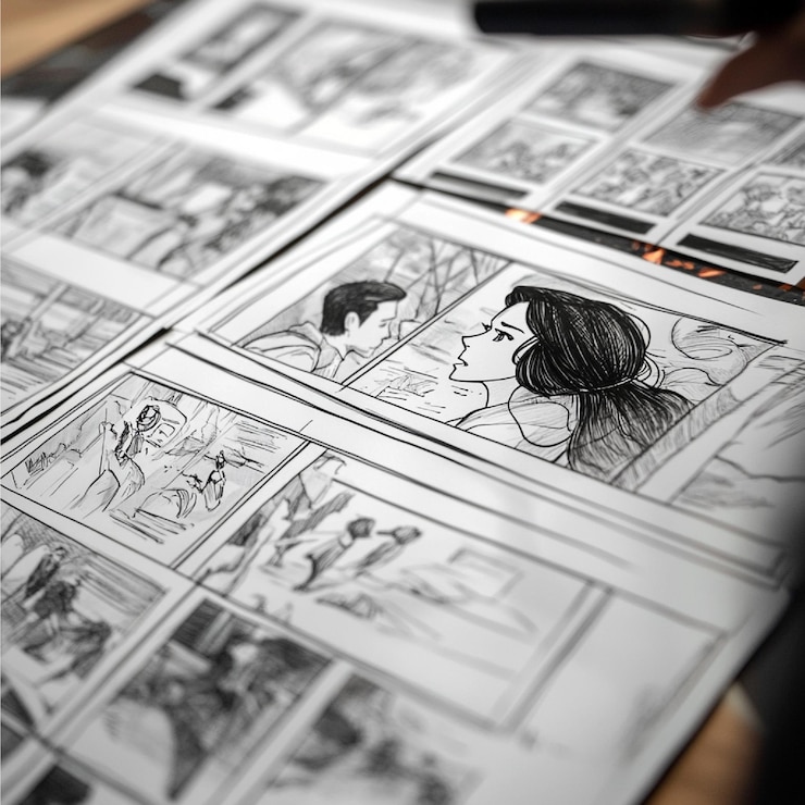 Foto um close-up de um storyboard concluído mostrando uma sequência de quadros com ângulos de câmera e personagem