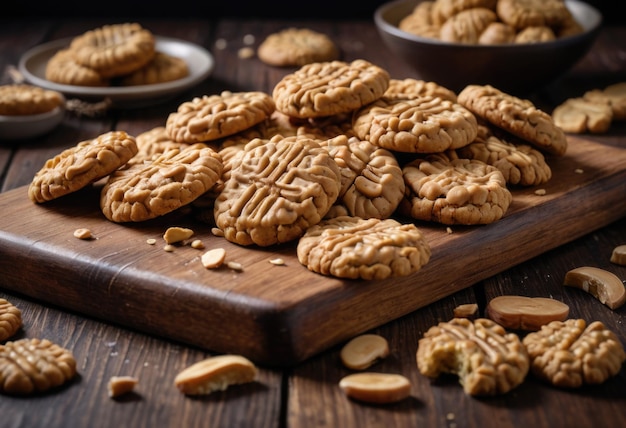 Foto um close-up de um tabuleiro de madeira exibindo deliciosos biscoitos de amendoim dispostos em uma mesa