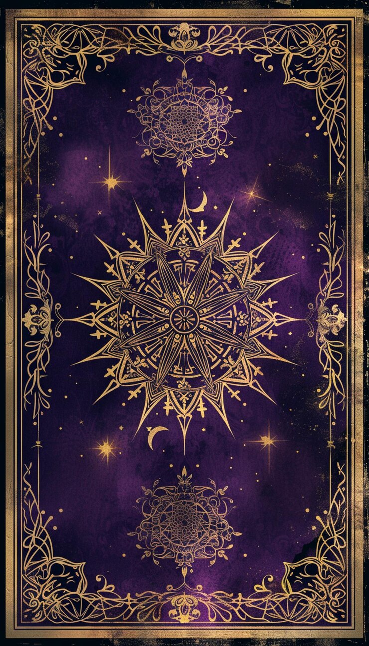 Foto um close-up de um tarot roxo com estrelas douradas generativo ai
