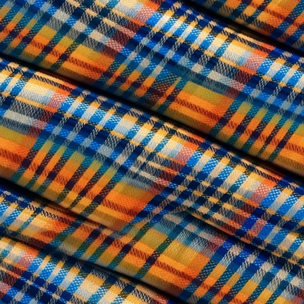 Um close-up de um tecido a quadros com um padrão generativo ai azul e laranja