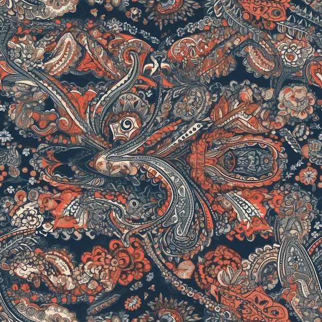 Um close-up de um tecido de impressão paisley com um fundo vermelho e azul generativo ai