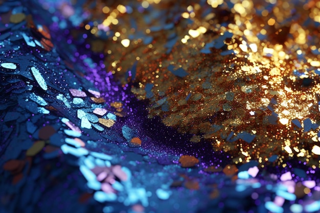 um close-up de um tecido sequinoso roxo e azul com um design generativo ai dourado e azul