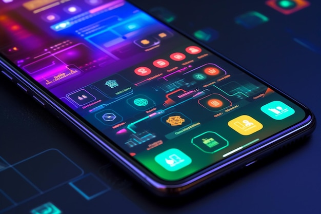 Foto um close-up de um telefone celular com uma tela brilhante generativa ai