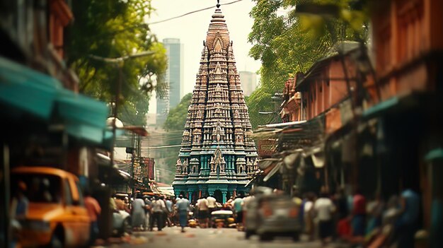 Um close-up de um templo hindu gopuram ou gateway tower com suas esculturas elaboradas e cores brilhantes