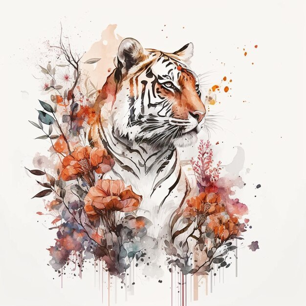 Um close-up de um tigre com flores em um fundo branco generativo ai