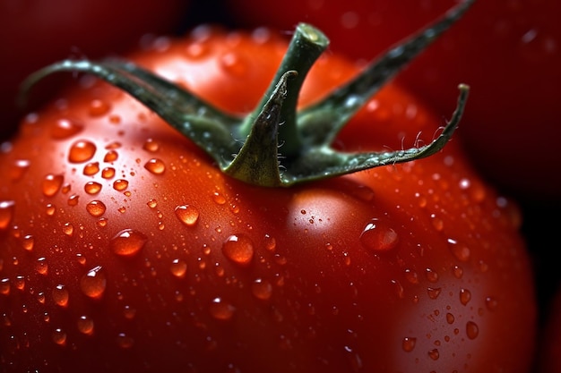 Um close-up de um tomate com gotas de água sobre ele