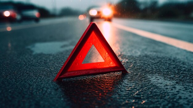 Um close-up de um triângulo de emergência vermelho na estrada em frente a um carro após um acidente Generative AI