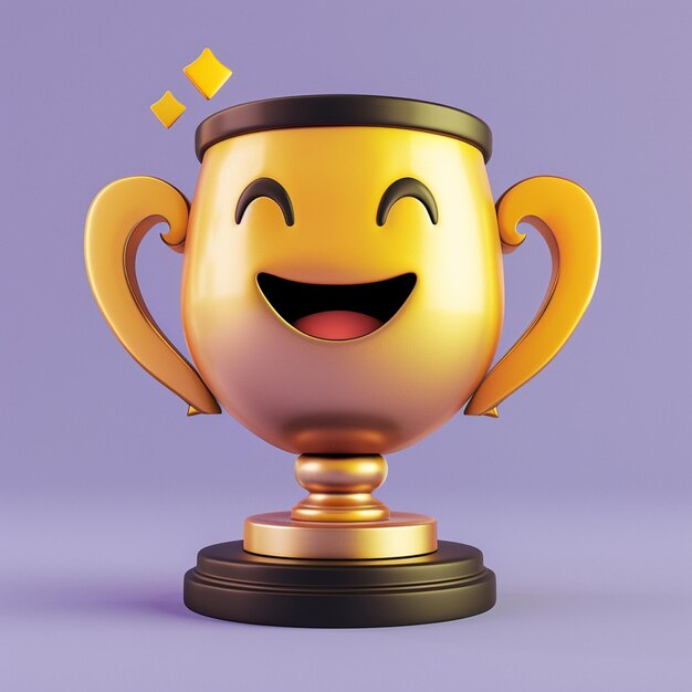 Foto um close-up de um troféu dourado com um rosto sorridente