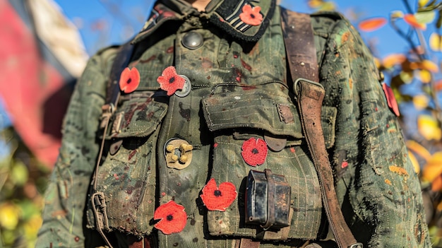 Um close-up de um uniforme de soldado adornado com pinos de papoula a bandeira americana agitando atrás