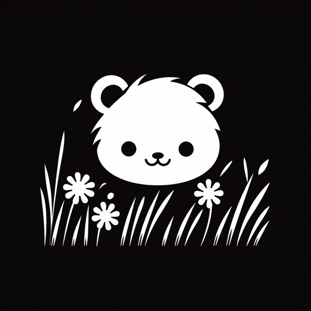 Um close-up de um urso panda na grama com flores generativas ai