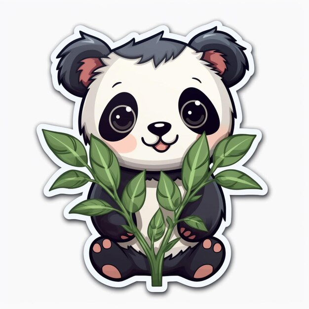 Foto um close-up de um urso panda segurando uma planta com folhas generativas ai