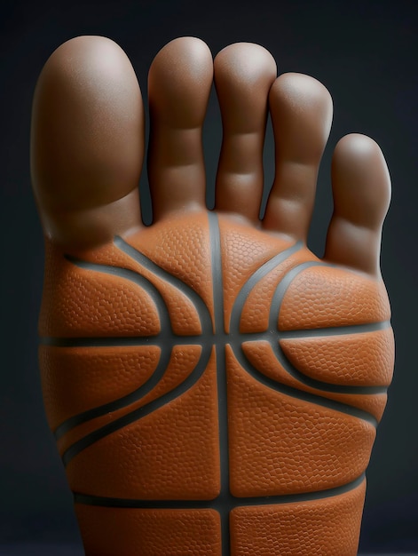 Um close-up de um vaso em forma de bola de basquete com um pé pé