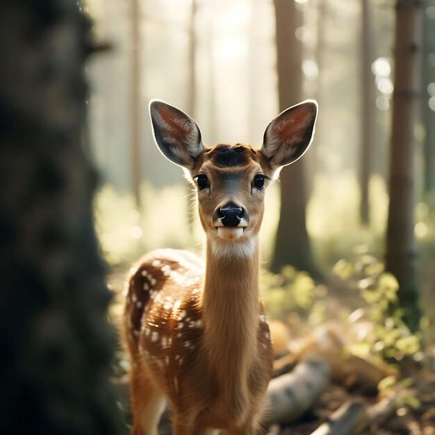 Um close-up de um veado curioso Olhos gentis em uma madeira pacífica Ilustração hiper-realista Arte fotográfica